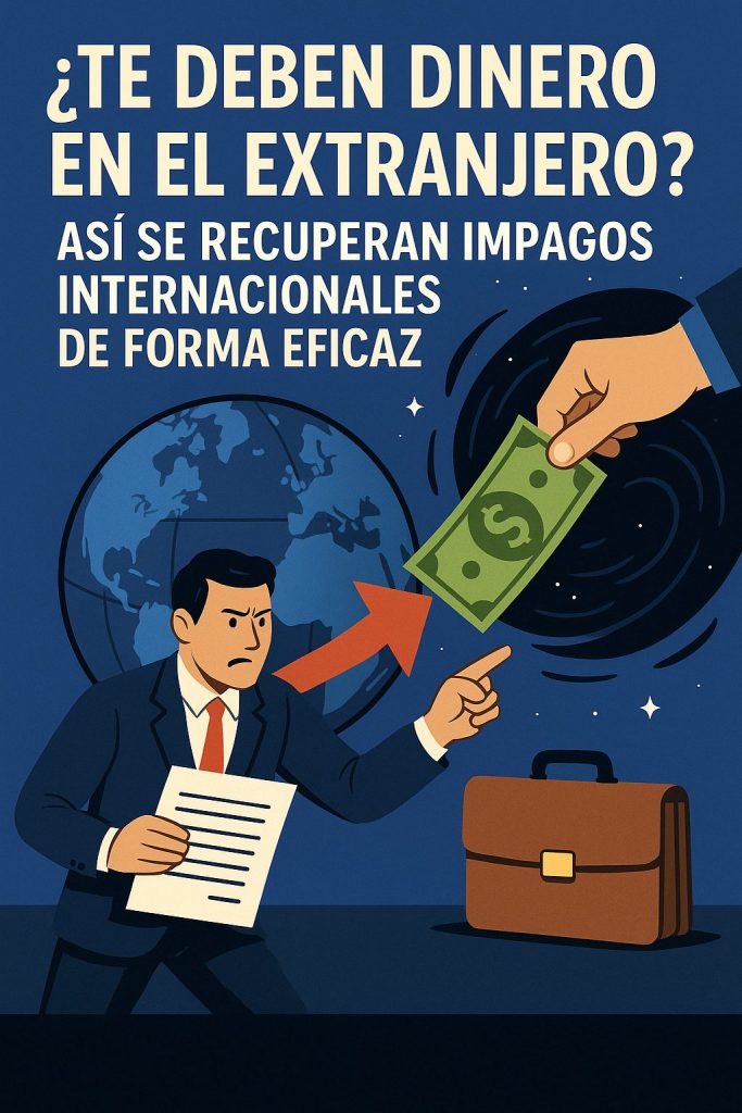 Ilustración de empresario recuperando dinero de una deuda internacional con fondo del mundo y flecha roja representando el recobro eficaz