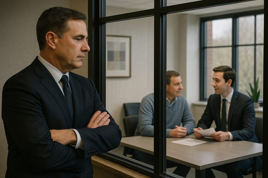 CEO observando con confianza cómo un agente de recobros gestiona una deuda de forma profesional y empática sin comprometer la relación con el cliente.