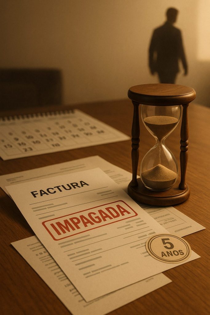 Factura impagada sobre una mesa con reloj de arena y calendario como símbolo del plazo legal de 5 años para reclamar.