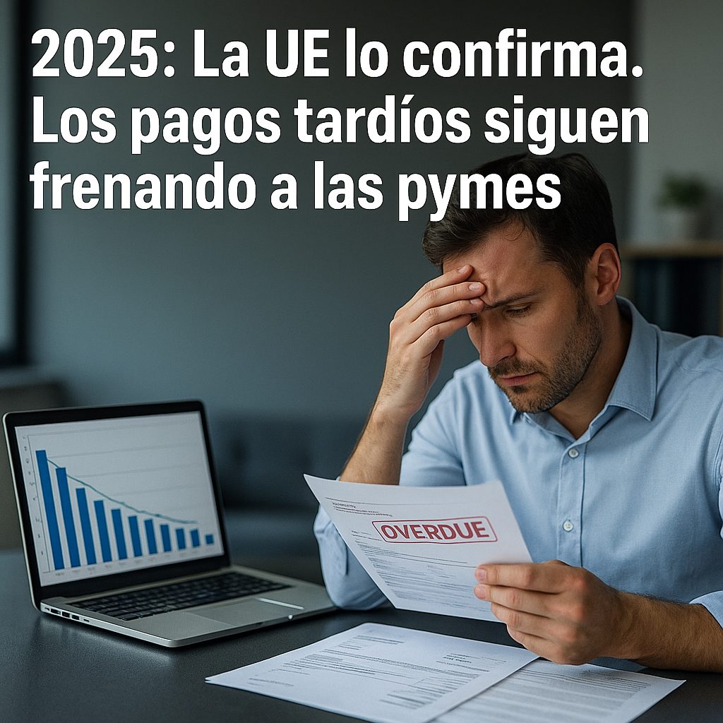 Empresario preocupado revisando factura impagada con gráfico de pagos tardíos en 2025 y titular de la UE