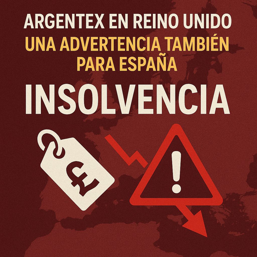 Gráfico de advertencia sobre la insolvencia de Argentex en Reino Unido y su impacto en España, con símbolo de libra, alerta y fondo de mapa europeo