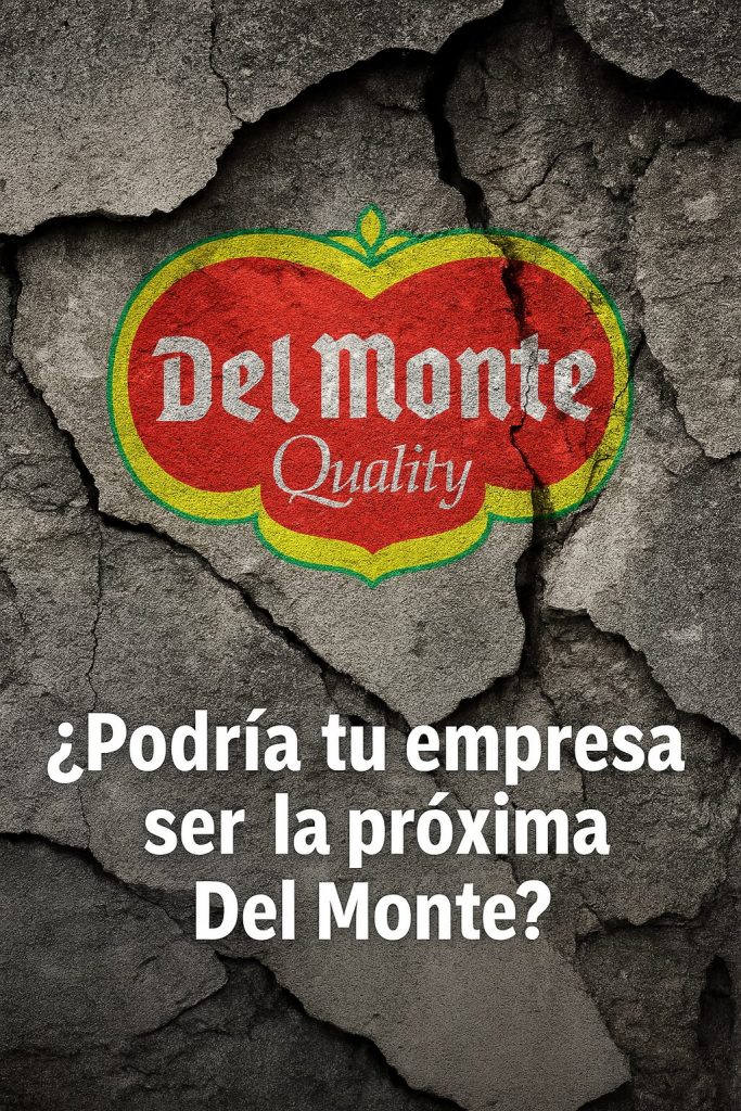 Logo de Del Monte agrietado sobre fondo de cemento, con la pregunta: ¿Podría tu empresa ser la próxima Del Monte?