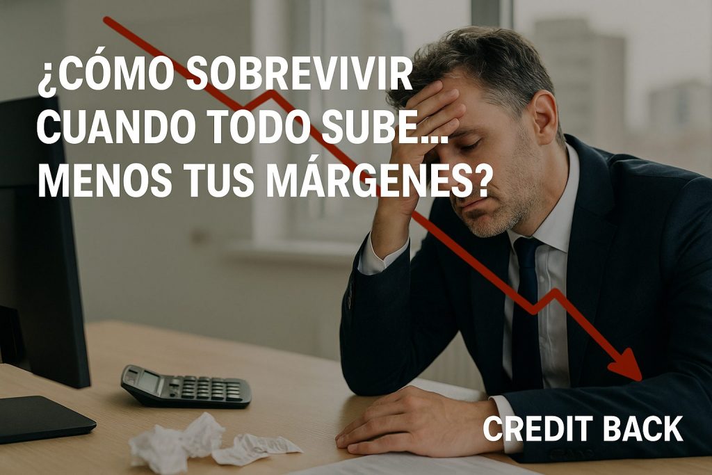 Empresario preocupado por la caída de márgenes empresariales, con gráfico en descenso y logo de CREDIT BACK