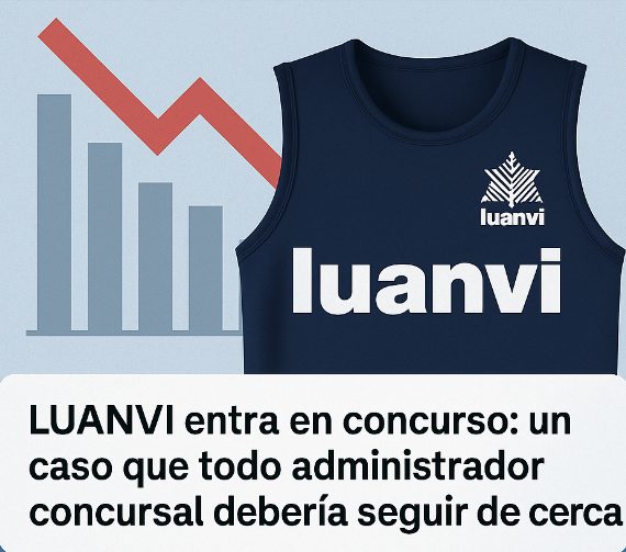 Imagen de camiseta de LUANVI con gráfico de caída financiera y mensaje sobre su concurso de acreedores, ideal para administradores concursales