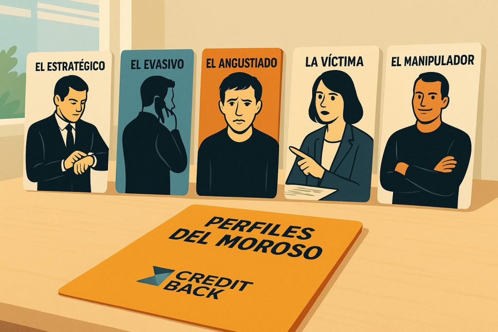 Ilustración de los cinco perfiles psicológicos del moroso con carpeta de análisis de CREDIT BACK