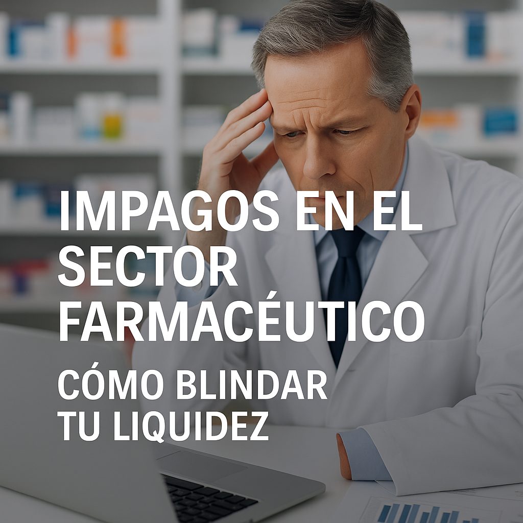 Farmacéutico preocupado revisando finanzas por impagos en el sector farmacéutico