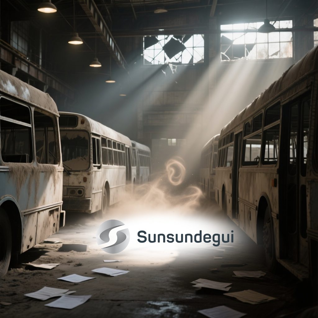 Fábrica de autobuses abandonada con vehículos polvorientos, simbolizando la liquidación de Sunsundegui y el impacto en proveedores y acreedores.