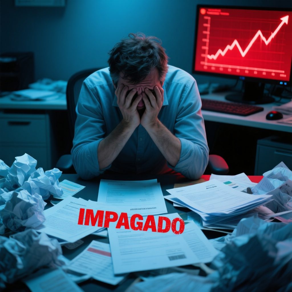 Autónomo preocupado rodeado de facturas impagadas con un gráfico en rojo que refleja riesgo financiero en 2025