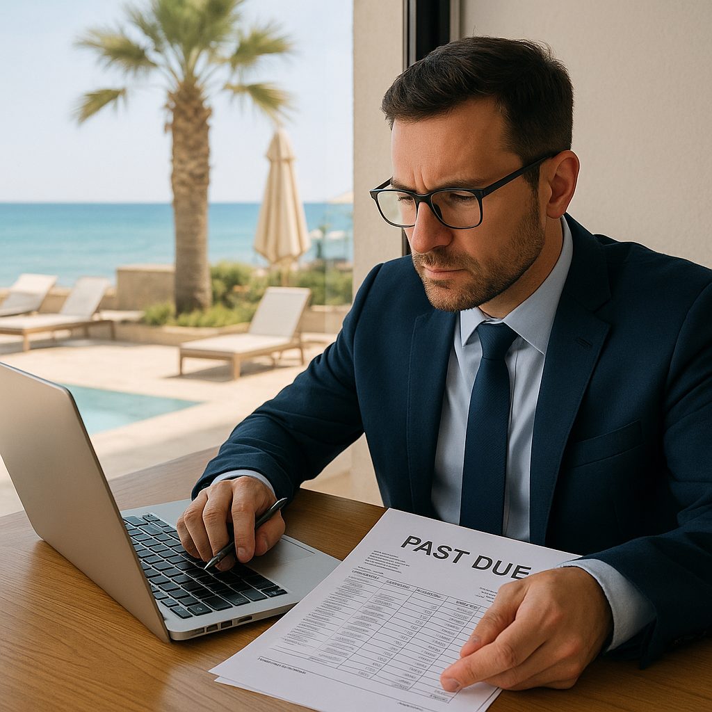 Ejecutivo revisando cartera de impagados en verano con CREDIT BACK para recuperar liquidez