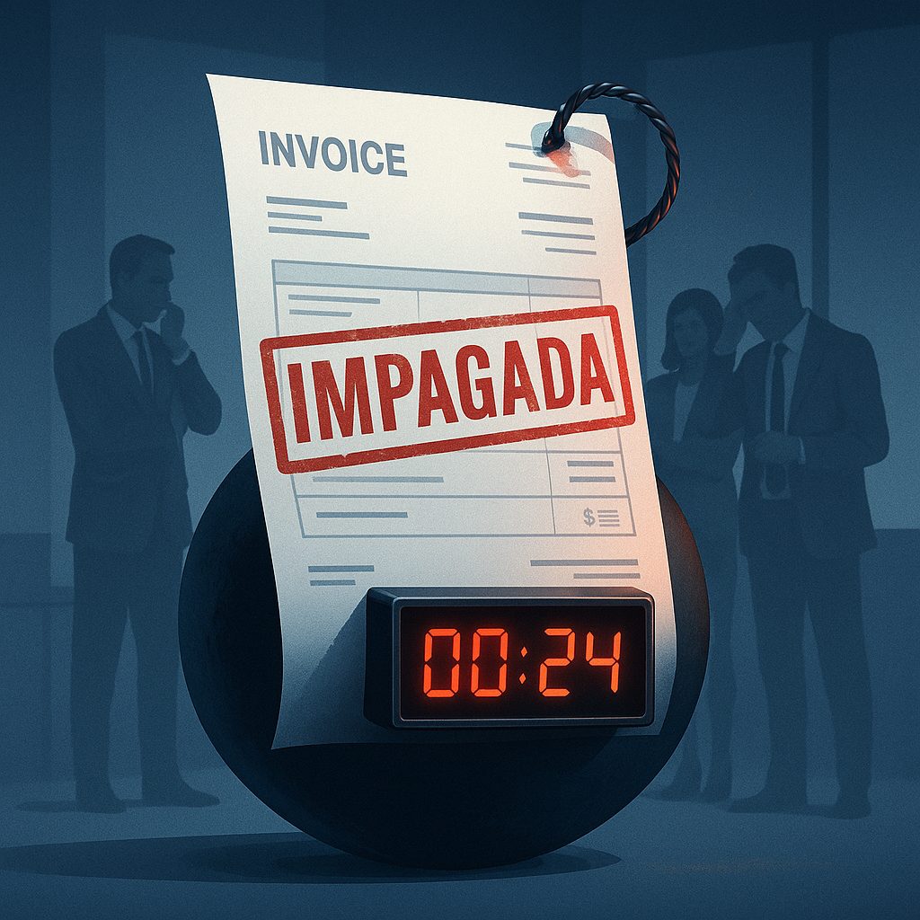 Ilustración conceptual de una factura impagada convertida en bomba de tiempo, metáfora del riesgo de morosidad para empresas