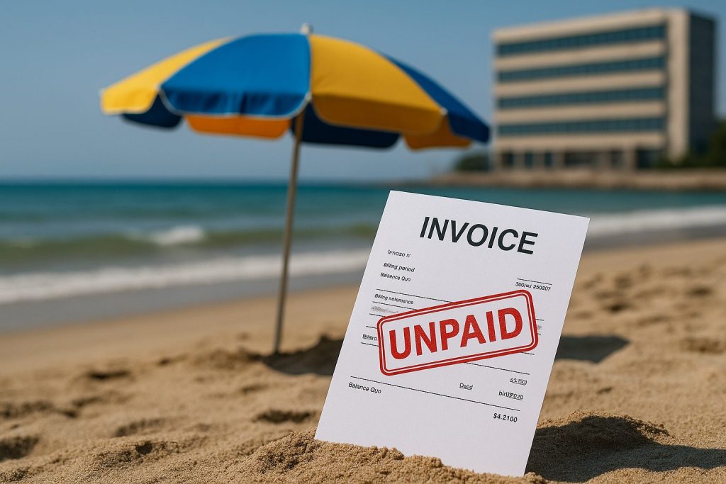 Factura impagada en la arena de la playa con sello UNPAID frente a una sombrilla y edificio de oficinas al fondo.