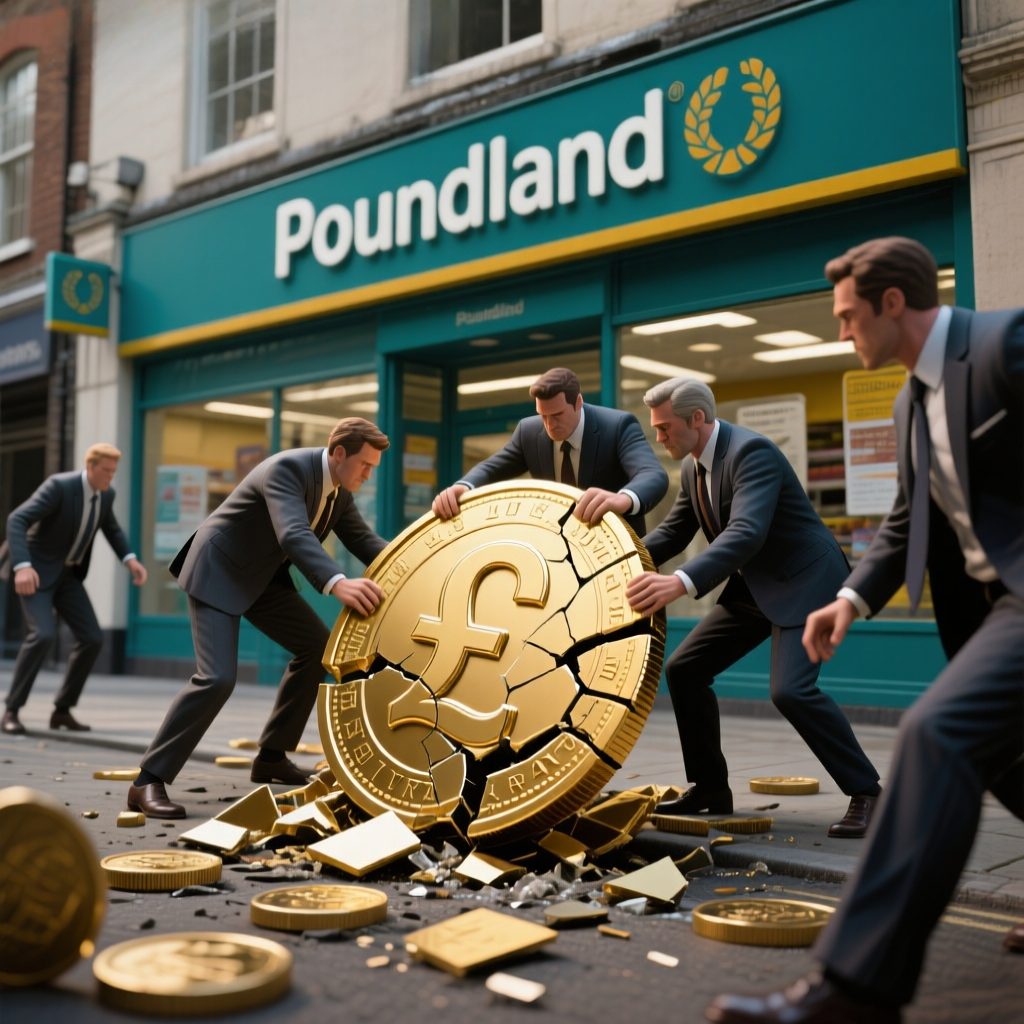 Ejecutivos rescatando una moneda de libra rota frente a Poundland, simbolizando insolvencia y reestructuración concursal.