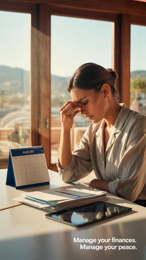 Mujer preocupada revisando facturas en verano, con calendario de agosto sobre la mesa, imagen representando impagos en el sector turístico