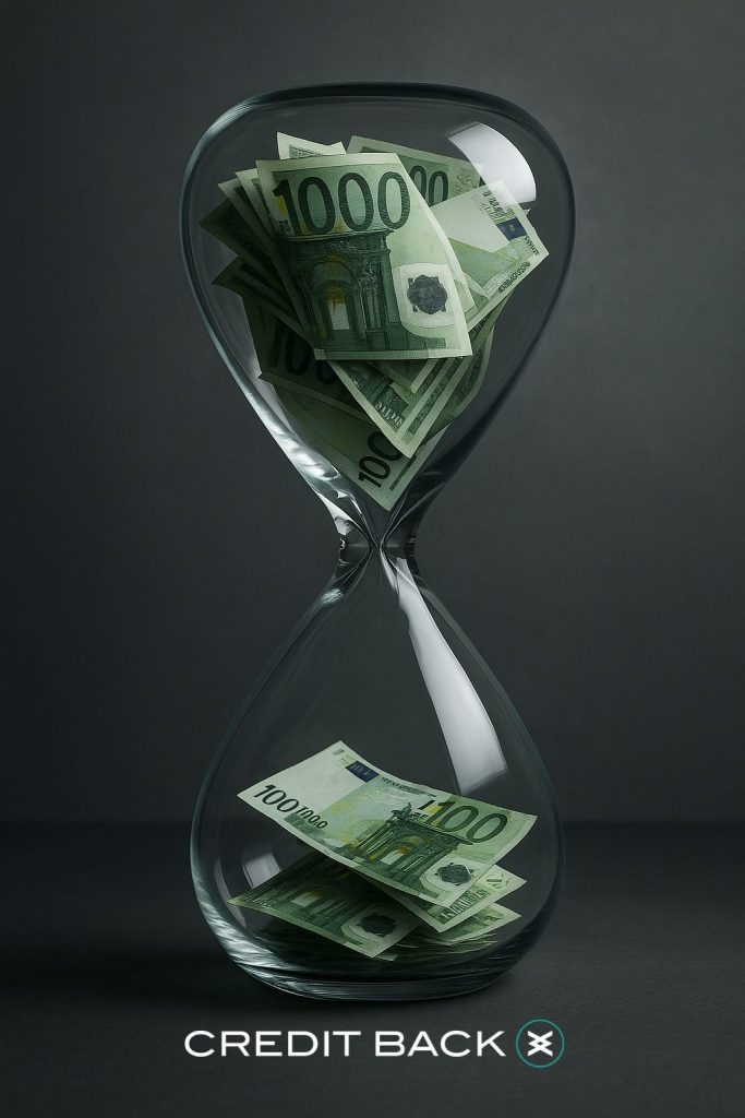 Reloj de arena con billetes de euro atrapados, símbolo de retrasos de pago y liquidez bloqueada en empresas, portada blog CREDIT BACK.