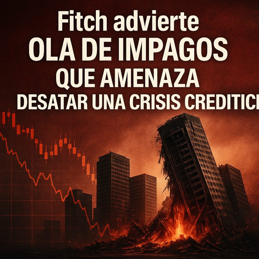 Imagen conceptual de la ola de impagos que advierte Fitch en 2025, con edificios colapsando y caída financiera, relacionada con crisis crediticia y morosidad empresarial.