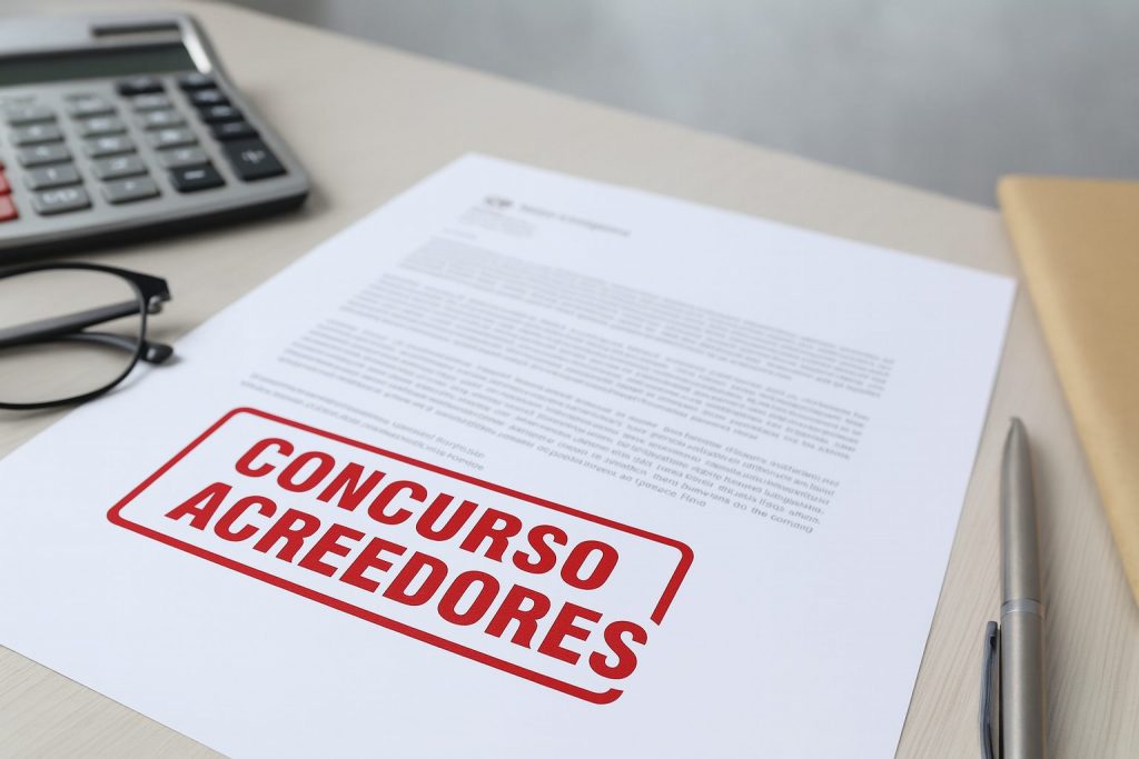 Documento oficial con sello rojo de concurso de acreedores en una mesa de oficina.