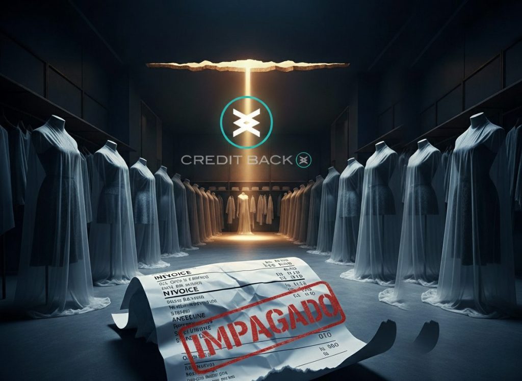 Factura impagada en tienda textil vacía con maniquíes cubiertos y logo de CREDIT BACK iluminado, simbolizando crisis y solución a los impagos en el sector textil.