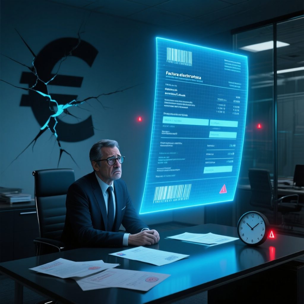 Director financiero preocupado frente a una factura electrónica holográfica con símbolo del euro roto en la pared, representando el riesgo de impagos en 2026.