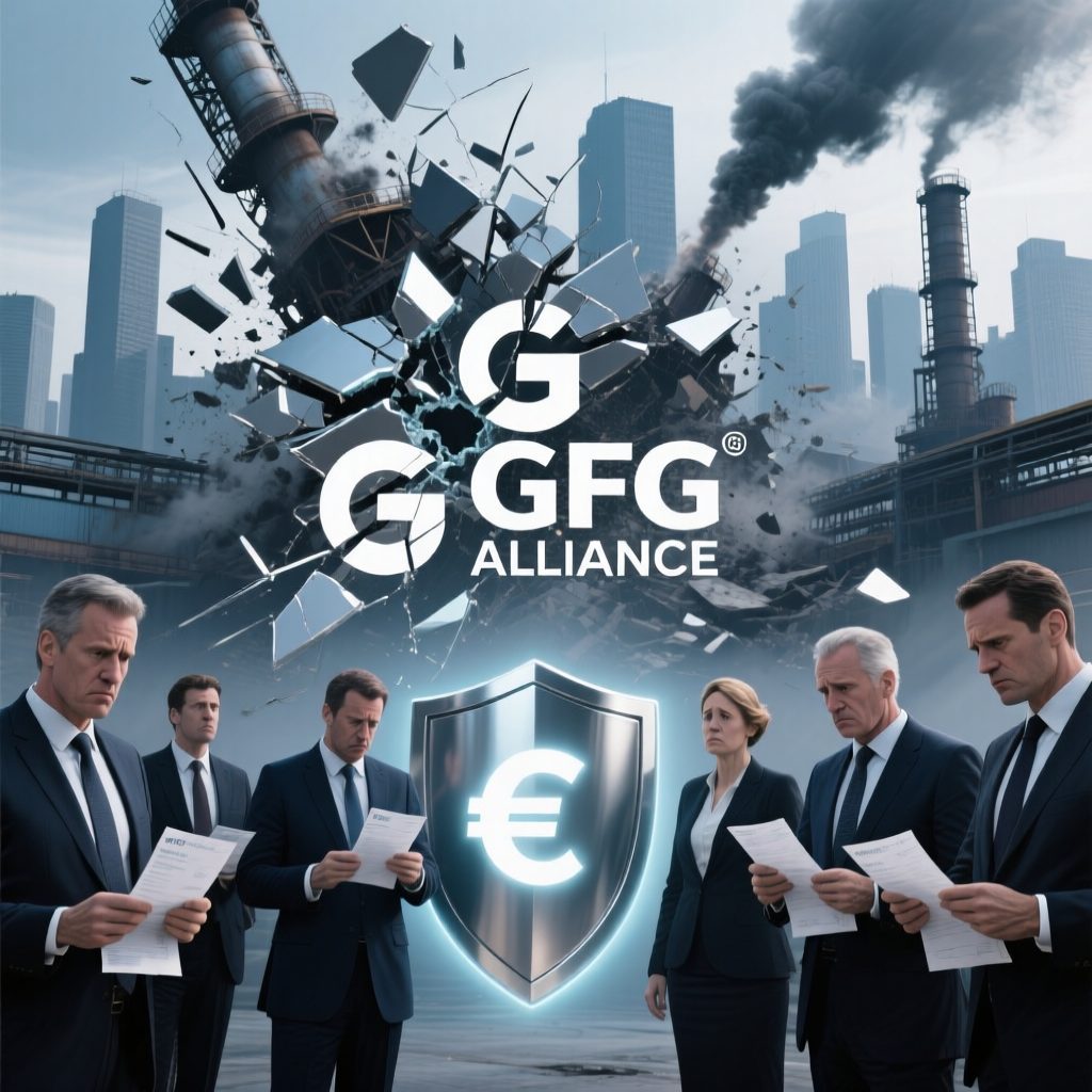 Executives reviewing unpaid invoices with GFG Alliance logo collapsing and euro shield symbolizing international debt recovery by CREDIT BACK