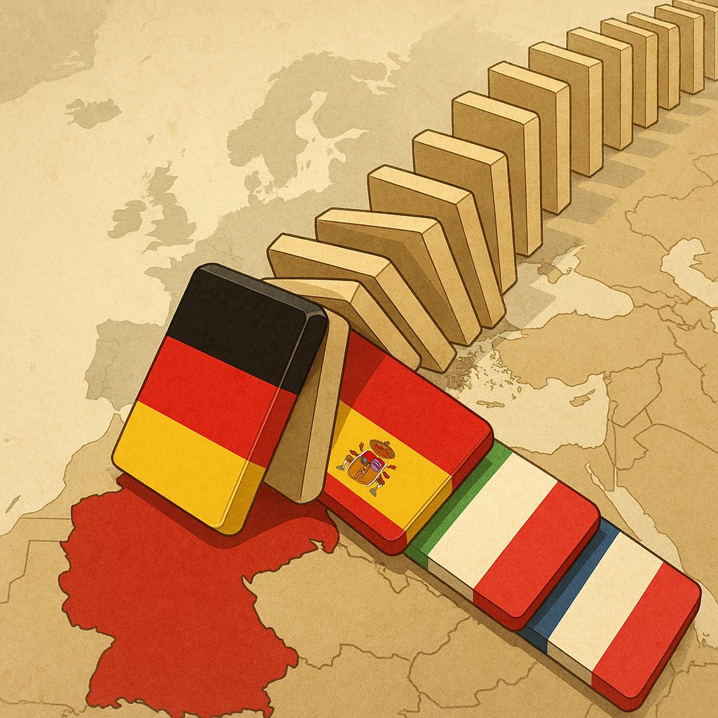 Ilustración de fichas de dominó con banderas de Alemania, España, Italia y Francia cayendo sobre un mapa de Europa, simbolizando el efecto contagio de las insolvencias alemanas en 2025.