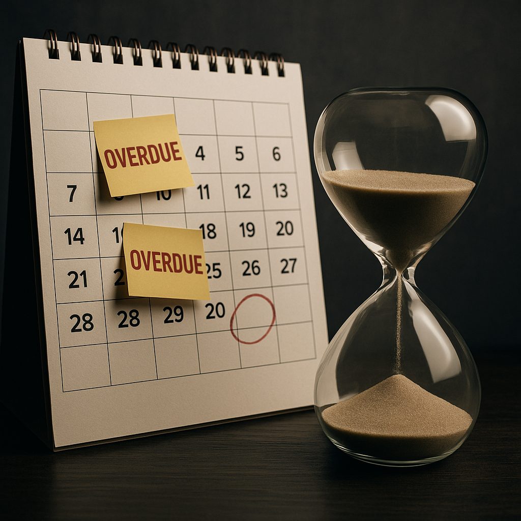 Reloj de arena junto a un calendario con facturas vencidas, simbolizando el riesgo de dejar pasar el tiempo sin reclamar una deuda.