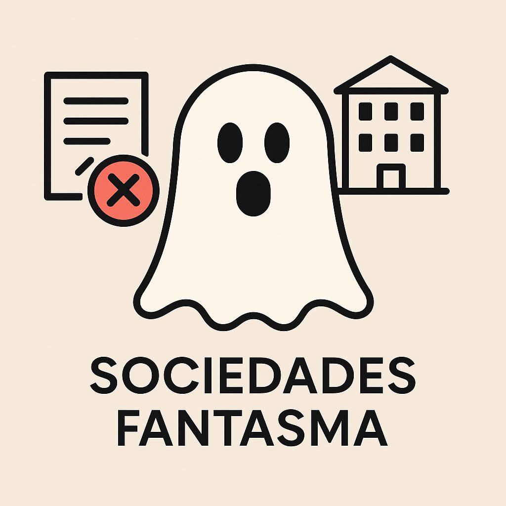 Ilustración de un fantasma junto a documentos tachados y un edificio, simbolizando sociedades fantasma en España que no presentan cuentas.