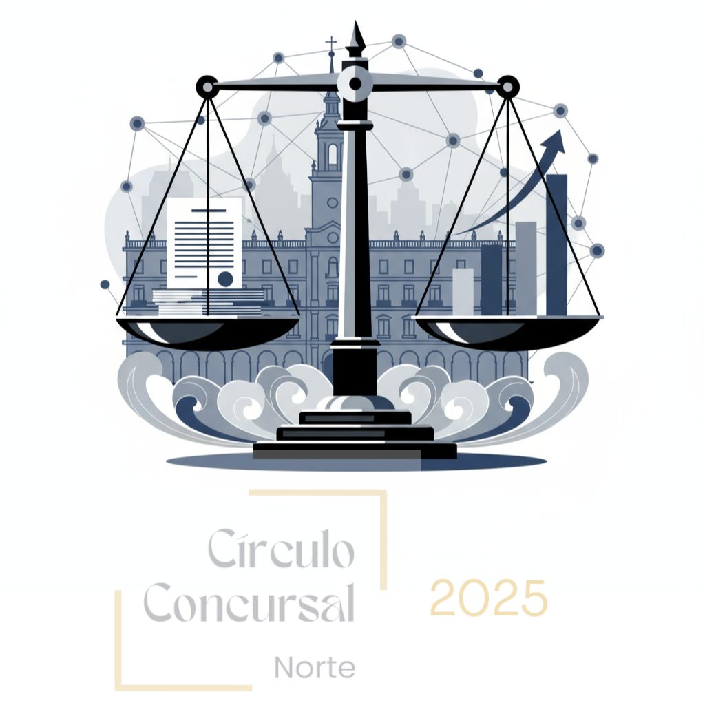 Ilustración del Círculo Concursal Norte 2025 en Valladolid, con balanza de la justicia, documentos legales y gráficos financieros sobre el fondo del Ayuntamiento de Valladolid.