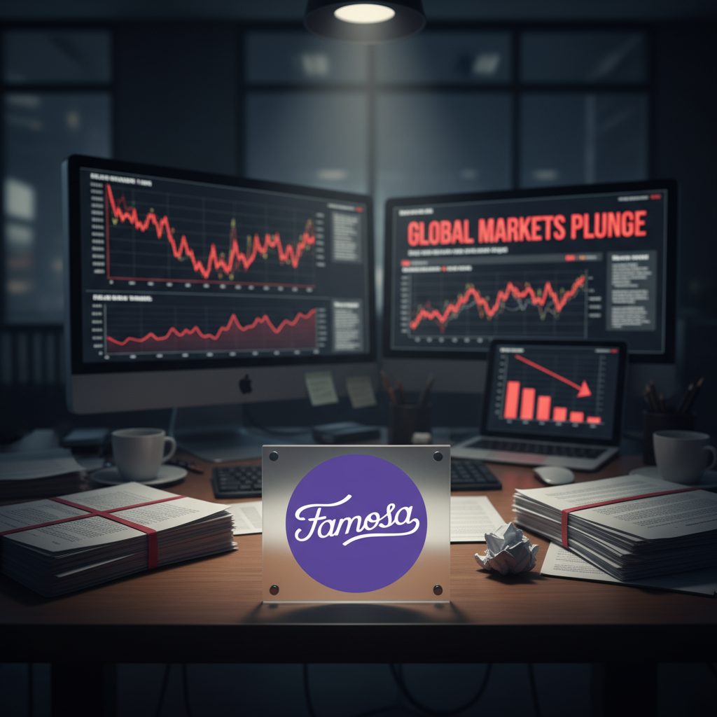 Logo de Famosa en un entorno financiero tenso con gráficos de caída y crisis empresarial