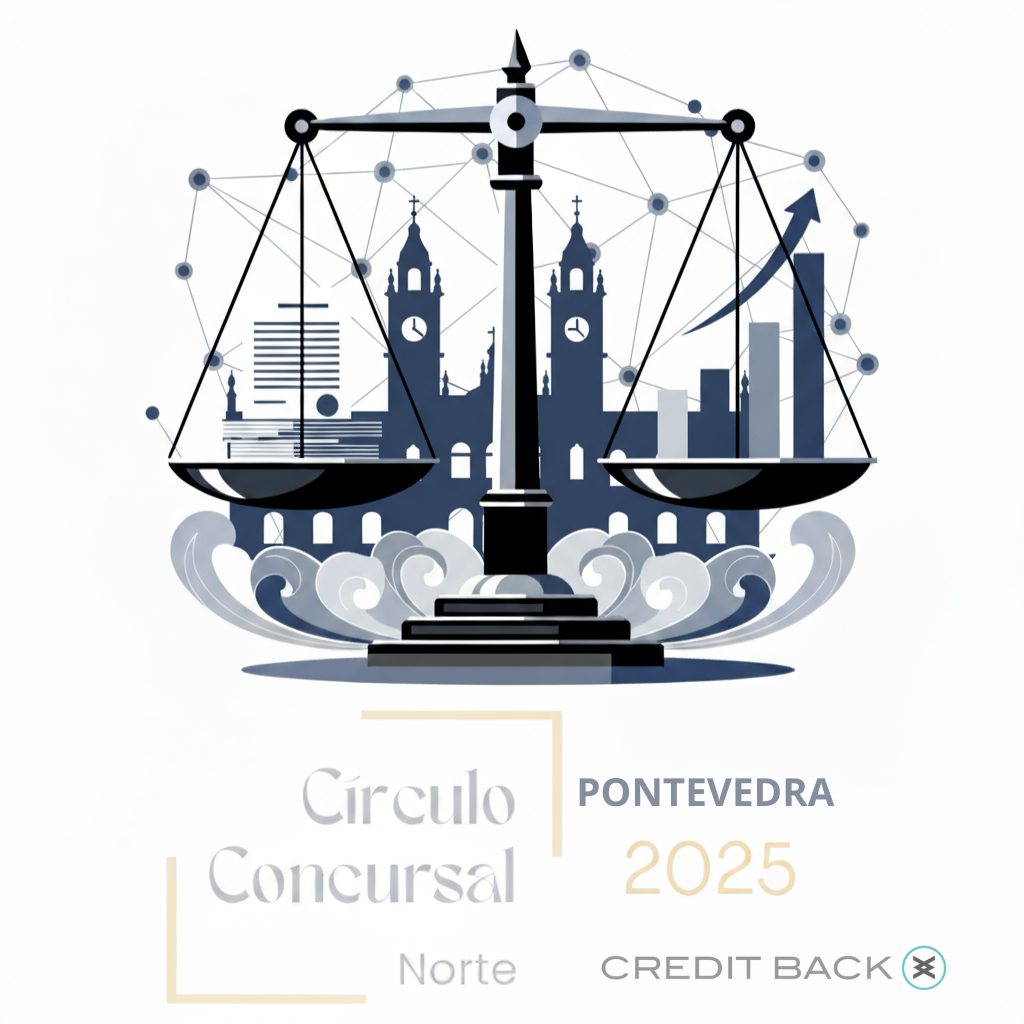 Ilustración del Círculo Concursal Norte 2025 en Pontevedra con la balanza de la justicia y skyline de la ciudad, representando la modernización del derecho concursal en España.