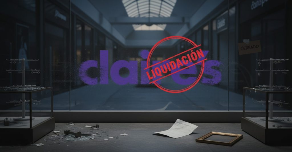 Logo de Claire’s con un sello rojo de liquidación en un escaparate vacío, simbolizando la quiebra de su filial española y el impacto en los proveedores.