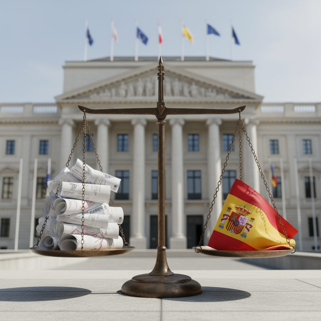 Balanza de la justicia con facturas y bandera de España frente al Tribunal Europeo de Derechos Humanos, simbolizando la responsabilidad del Estado ante las deudas impagadas de las administraciones locales.