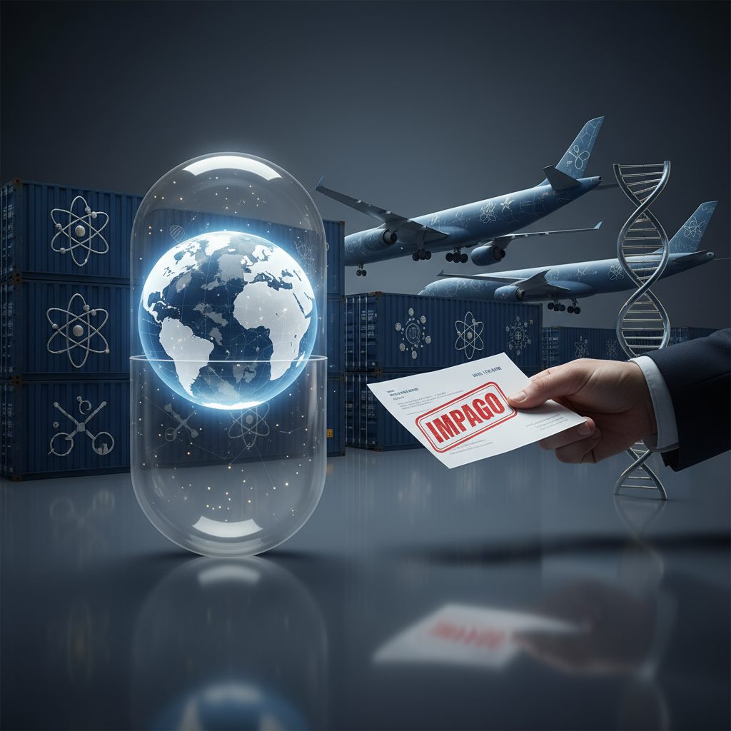 Mano entregando factura con sello IMPAGO frente a cápsula con el globo terráqueo, aviones y contenedores farmacéuticos – riesgo de impagos internacionales en el sector farma