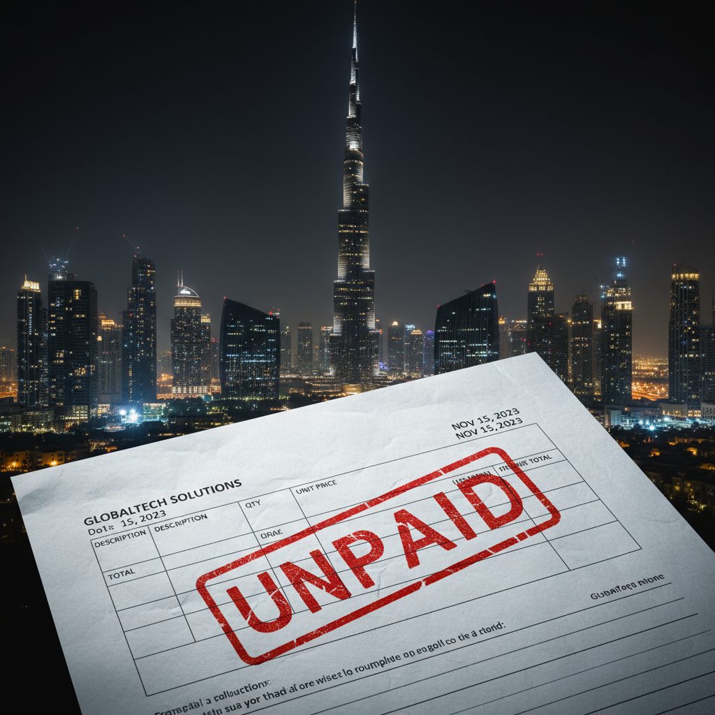 Factura con sello rojo UNPAID frente al skyline de Dubái con el Burj Khalifa iluminado, simbolizando impagos internacionales en Emiratos Árabes Unidos.
