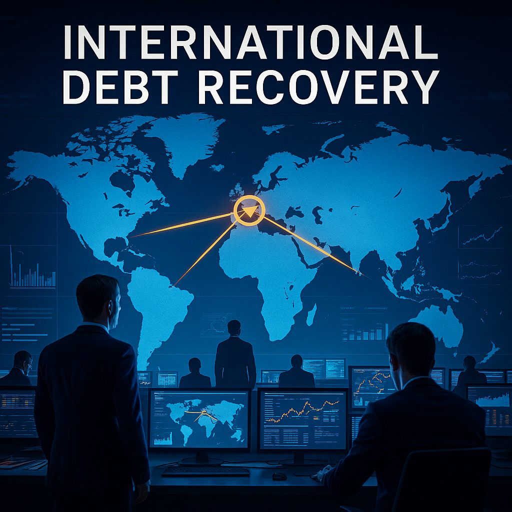 Strategic international debt recovery operations center with global financial team — CREDIT BACK
