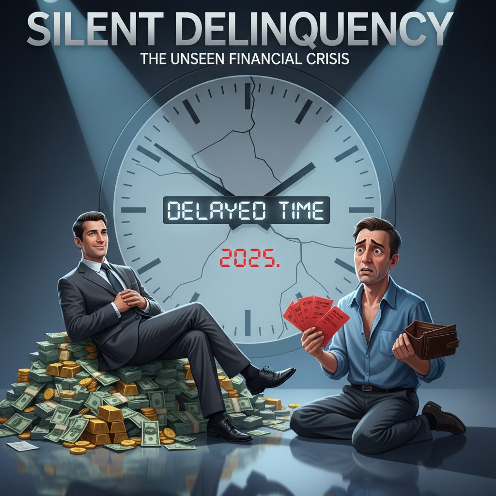 Ilustración de la morosidad silenciosa en 2025: un empresario solvente sentado sobre dinero mientras un proveedor preocupado sostiene facturas impagadas frente a un gran reloj que simboliza retraso de pagos.