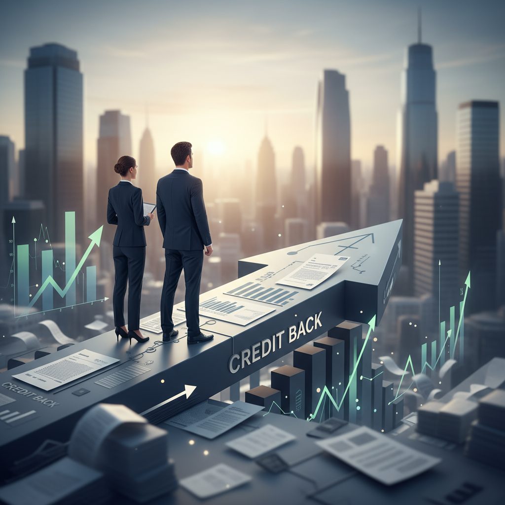 Dos empresarios observan el horizonte financiero desde una flecha ascendente con gráficos y documentos de CREDIT BACK, simbolizando la recuperación económica de las pymes europeas en 2025.