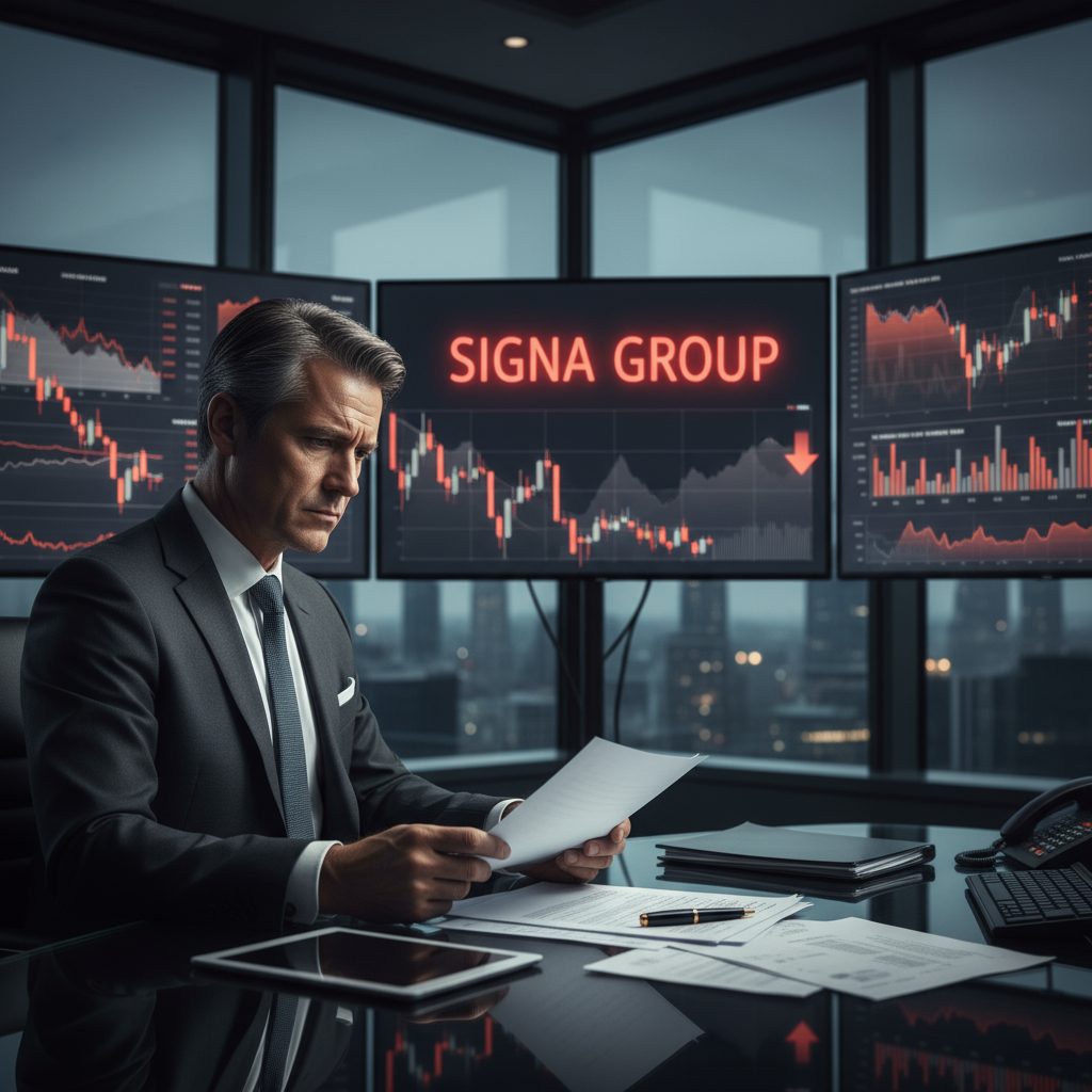 Ejecutivo analizando el colapso financiero de Signa Group y el riesgo de impagos internacionales