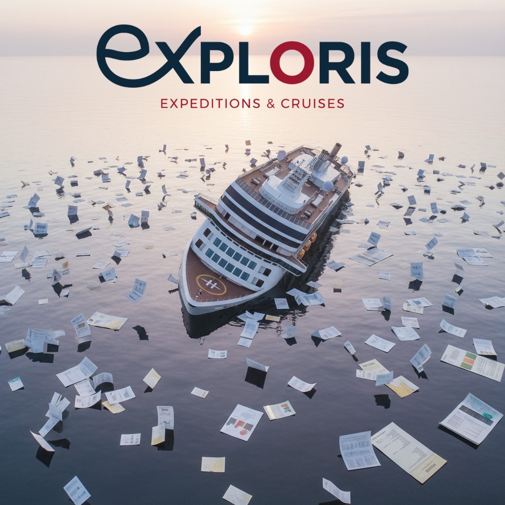 Buque de crucero semihundido rodeado de facturas flotando en el mar, simbolizando la insolvencia empresarial y los impagos en cadena. Imagen conceptual para el artículo sobre el caso Exploris y las lecciones para empresas que venden a crédito.