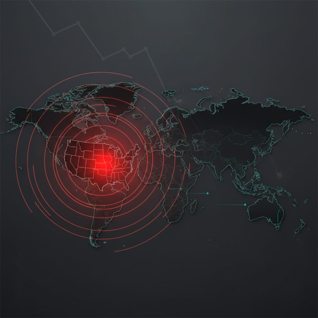 Mapa mundial con un foco rojo sobre Estados Unidos irradiando ondas de riesgo hacia Europa, representando el impacto del estrés bancario de EE. UU. en las empresas españolas que venden a crédito.