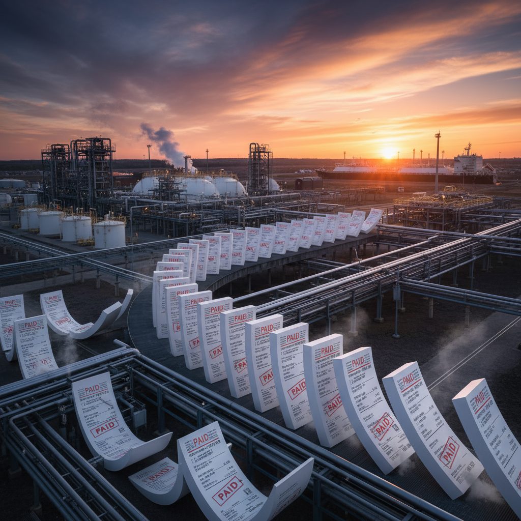 Facturas encadenadas recorriendo una planta de gas natural, simbolizando el riesgo de impago en el sector energético internacional.