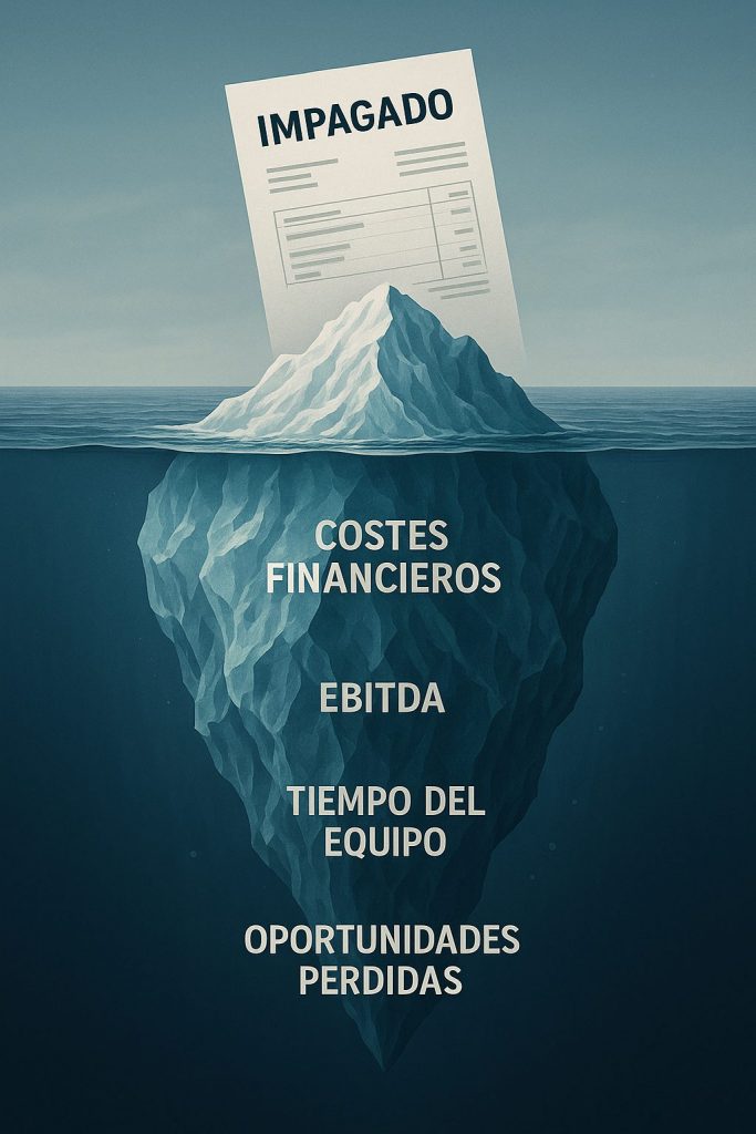 Ilustración de un iceberg financiero donde una factura impagada flota sobre el agua y bajo la superficie aparecen costes ocultos como EBITDA, costes financieros y tiempo del equipo.