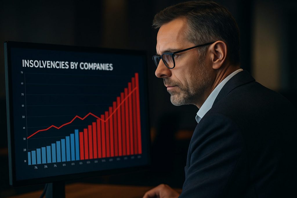 Director financiero observando en su pantalla el aumento de insolvencias de empresas en 2025 para anticipar riesgos y proteger la liquidez.