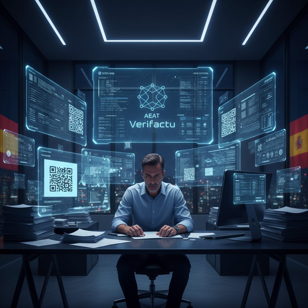 Empresario revisando facturas digitales bajo el nuevo sistema Verifactu 2026, rodeado de pantallas holográficas con datos fiscales, códigos QR y el logotipo de la AEAT.