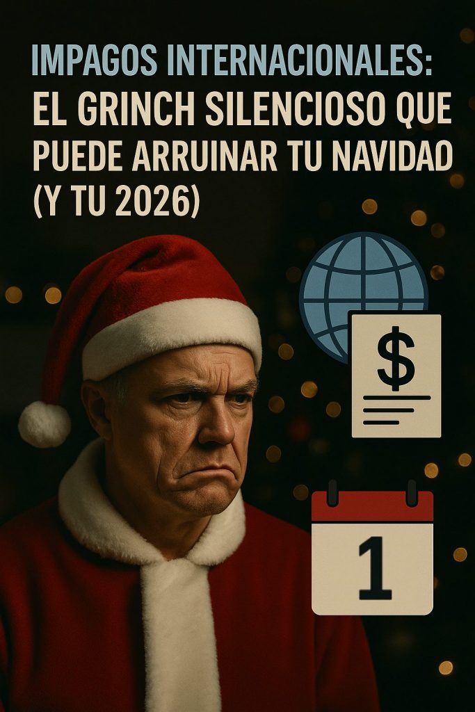 Hombre vestido de Papá Noel con gesto preocupado representando los impagos internacionales como el “Grinch” que puede arruinar la Navidad y el 2026. Imagen del Día 1 del Calendario de Adviento de CREDIT BACK.