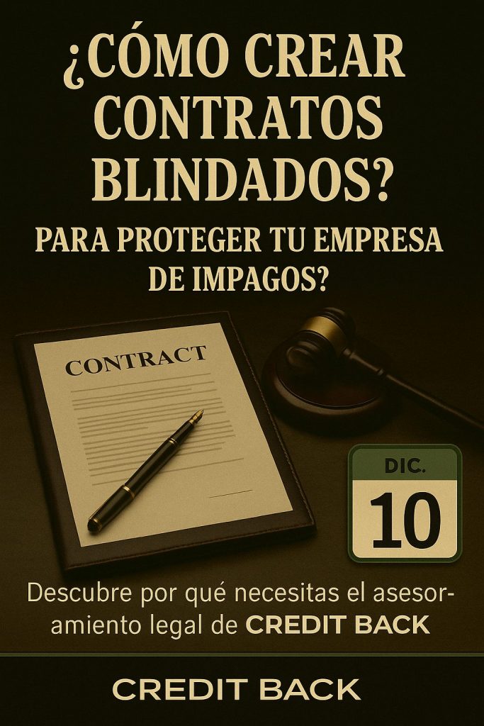 Imagen del Día 10 del Calendario de Adviento de CREDIT BACK que muestra un contrato, una pluma y un mazo judicial sobre un fondo oscuro. Representa la importancia de redactar contratos blindados para proteger a la empresa frente a impagos.