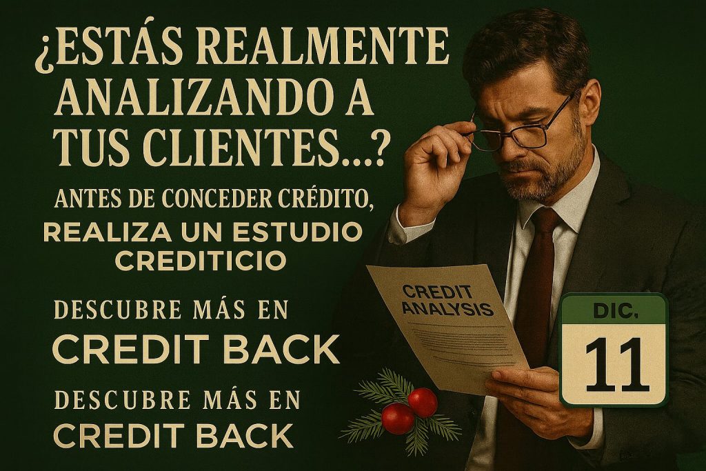 Imagen del Día 11 del Calendario de Adviento de CREDIT BACK, mostrando a un directivo revisando un documento de “Credit Analysis” junto a texto que invita a realizar un estudio crediticio antes de conceder crédito. Estilo corporativo y navideño.