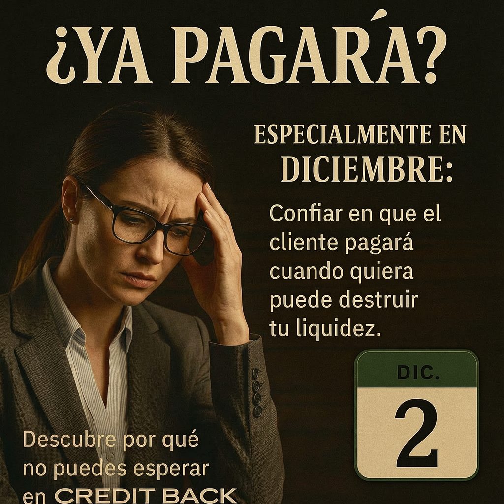 Ejecutiva preocupada revisando documentos, reflejando el riesgo de confiar en que un cliente pagará más adelante. Imagen del Día 2 del Calendario de Adviento de CREDIT BACK sobre la pérdida de liquidez en diciembre.