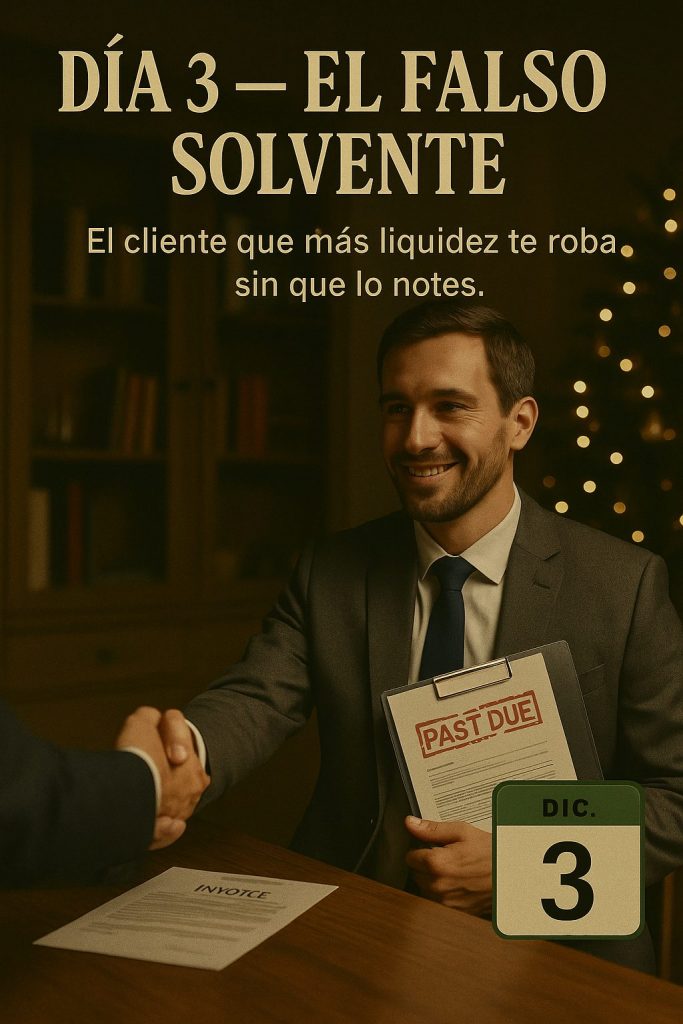 Ejecutivo sonriendo mientras estrecha la mano a un proveedor, ocultando una factura vencida marcada como “Past Due”. Imagen del Día 3 del Calendario de Adviento de CREDIT BACK sobre el riesgo del Falso Solvente.