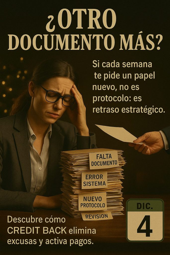 Profesional de oficina frustrada ante una pila de documentos con etiquetas como ‘Falta documento’, ‘Error sistema’ y ‘Nuevo protocolo’, mientras recibe otro papel. Imagen del Día 4 del Calendario de Adviento de CREDIT BACK mostrando el problema del deudor administrativo.