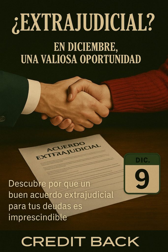 Imagen navideña corporativa que muestra una balanza jurídica sobre una mesa junto a un contrato, simbolizando los acuerdos de cobro extrajudicial. Hace referencia al Día 9 del Calendario de Adviento de CREDIT BACK y la importancia de negociar pagos sin acudir a la vía judicial.